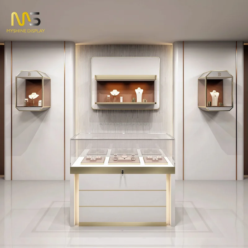 custom.Myshine Custom Modern Style Jewelry Showcase Display Luxury Tempered Glass LED Light Showroom Retail Mall
