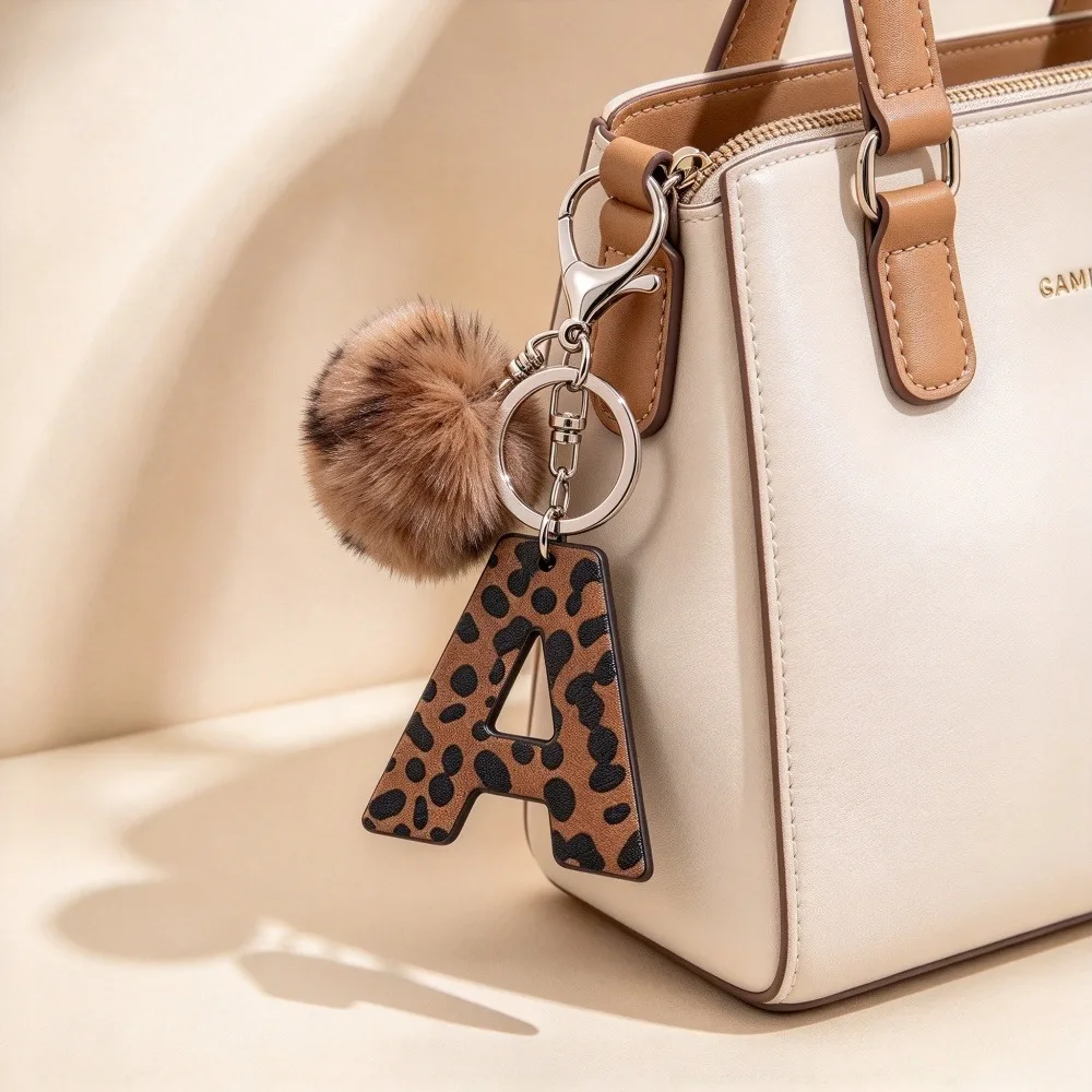 Cheetah Print Letter Keychain A-Z English Letter Tag Leather Acrylic Key Chain with Pom Pom Bag Charm Women Bag Accessories