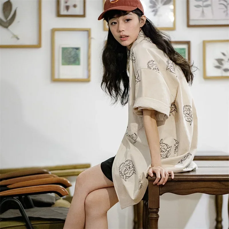 Maden Women's Japanese Blouses Vintage Print Shirt Summer Pure Cotton Casual Loose Short Sleeve Shirt Small Top Coat 2023 New