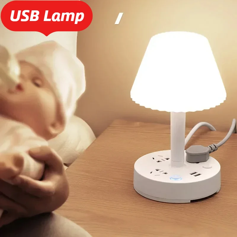 

USB Charging LED Lamp with 3AC Outlets 2 Ports 2500W/10A Overload Protection Power StripTable Lamp Cellphone Holder Bedroom