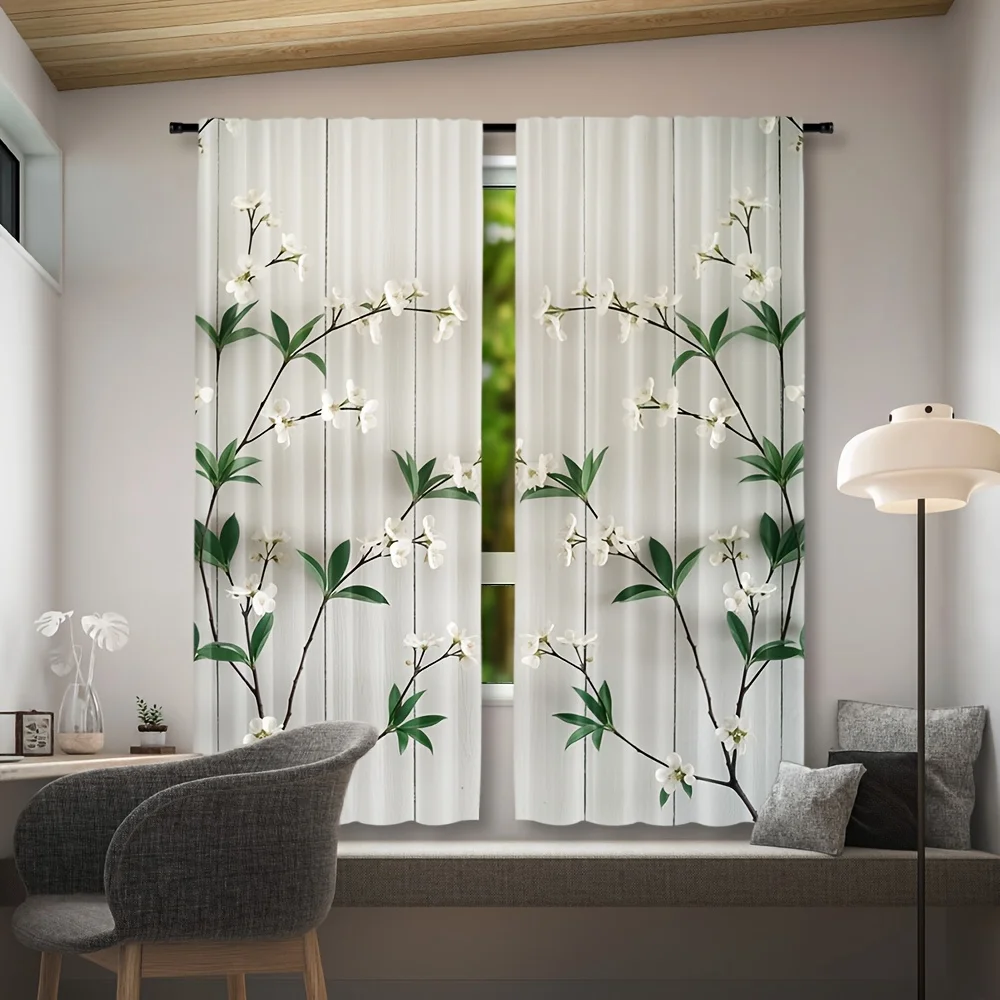 Elegant Floral Twig Blackout Rod Pocket Curtain White Bloom Wood Grain Green Leaf Decor Farm Homestay Bedroom Rest Bay Window