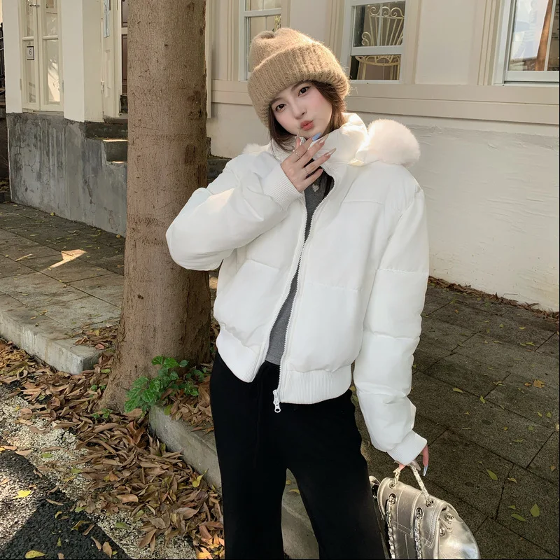 PinkyIsBlack New Fur Collar Hooded Down Padded Jacket Women's Winter Warmth Thickened Slim Short Cotton Padded Clothes Outwear