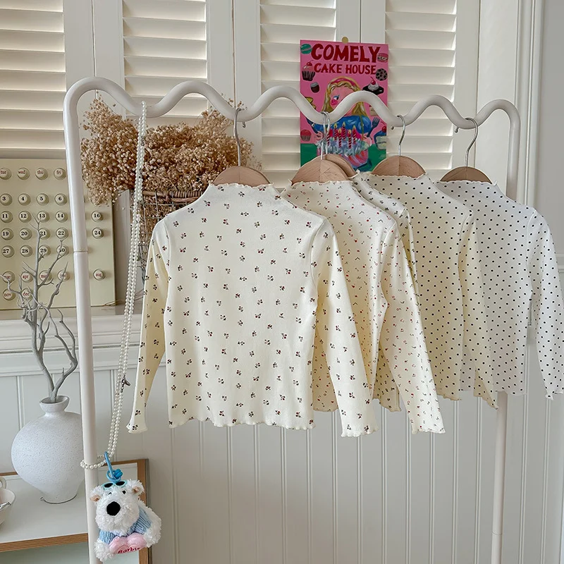 2026 Neues Mädchen-T-Shirt mit Polka Dots, Langarm, Dehnbar, Rüschen, Stehkragen, Blumenmuster, Lässiges Mädchen-Oberteil