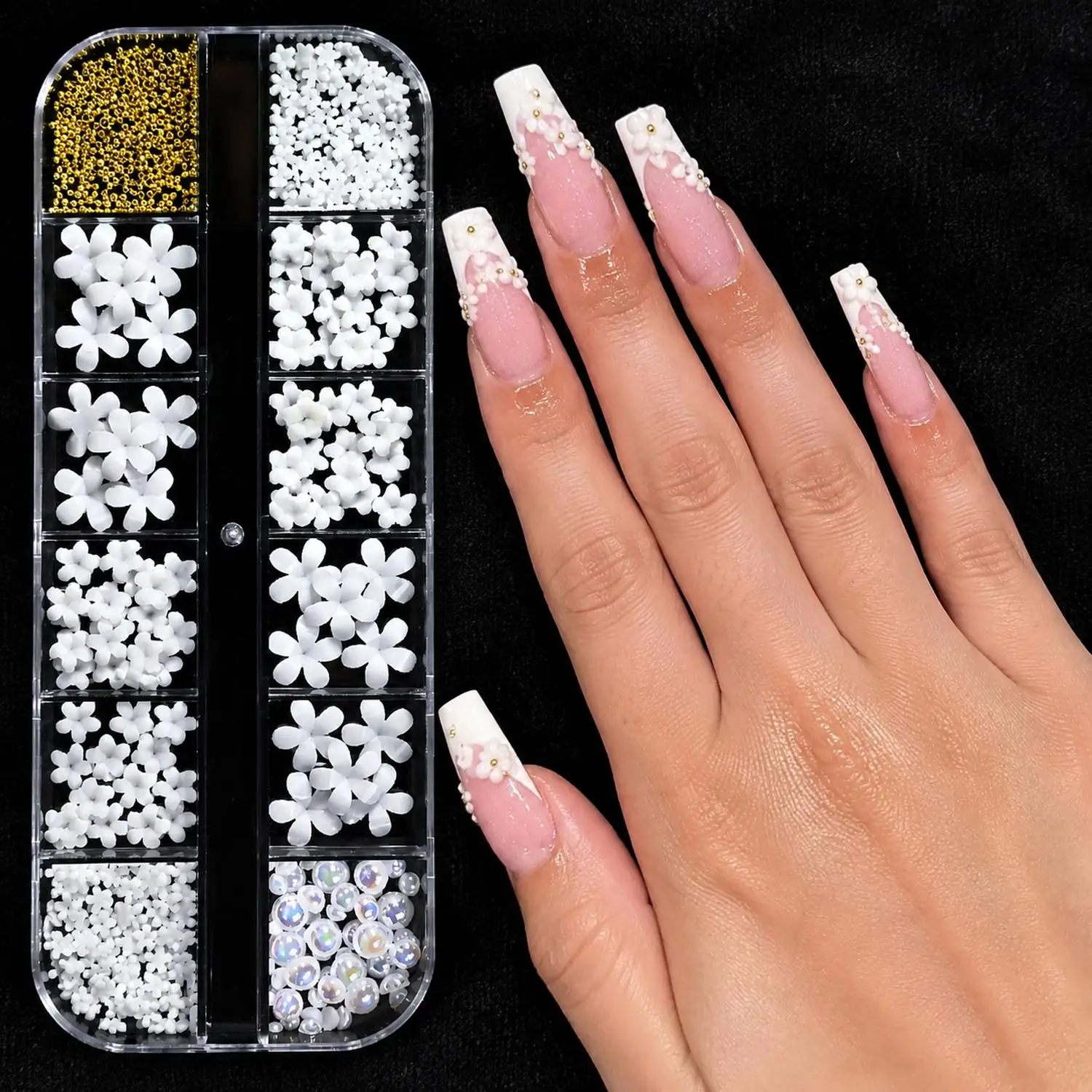 12Grids/Box Transparent Flower Beads Nail Charms Color Mix Acrylic Flower Beads Nail Decor Stylish Flower Beads Nail Supplies