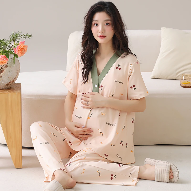 مع منصات الصدر قصيرة الأكمام النساء الحوامل منامة متماسكة بعد الولادة أزياء الحبس خدمة المنزل مجموعة ملابس الرضاعة الطبيعية