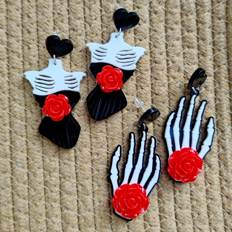 KUGUYS Halloween Bride Floral Skeleton Dangle Earrings for Women Gothic Wedding Jewelry Macabre Party Gift Accessories