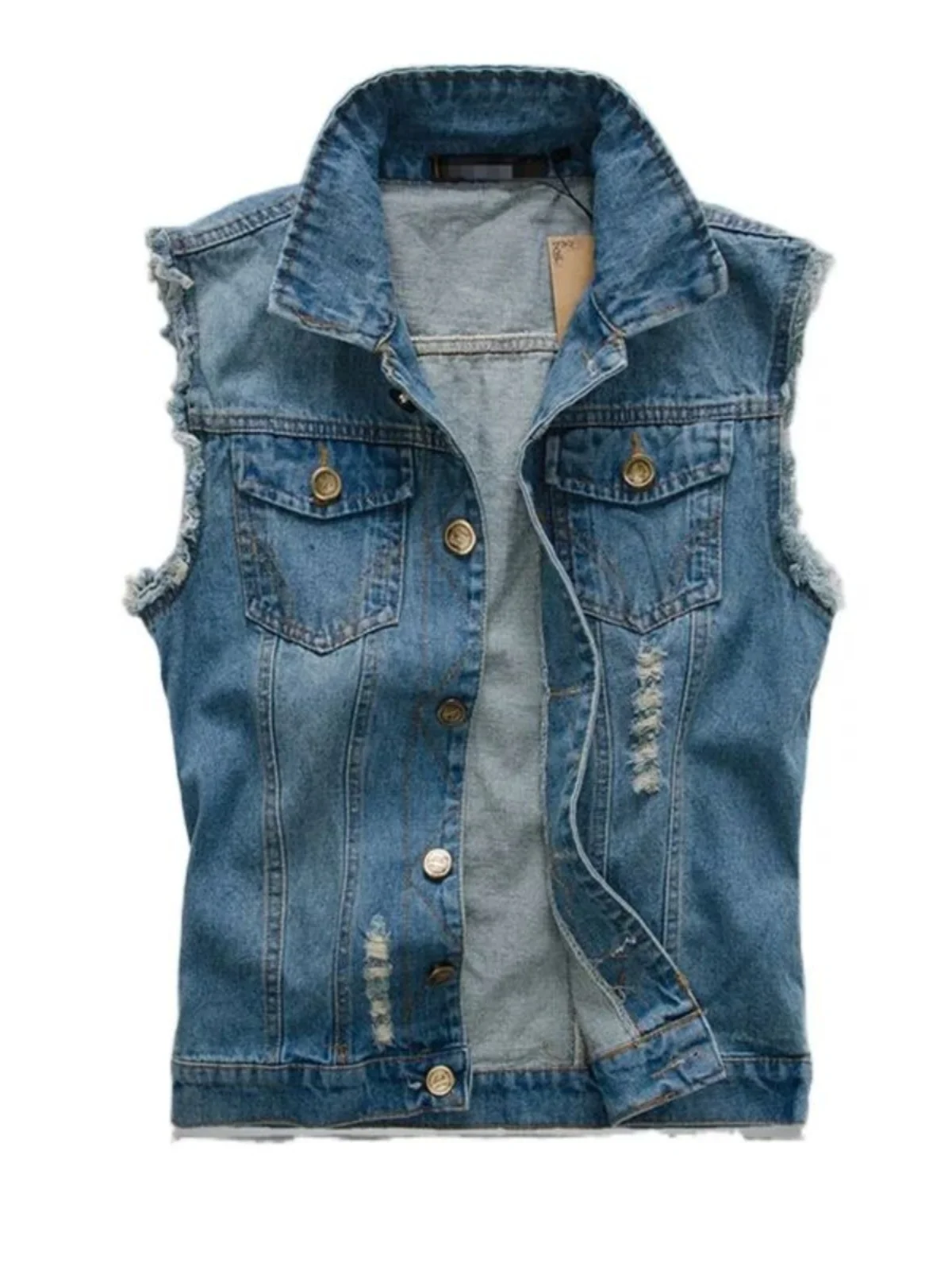 

Мужская джинсовая жилетка оверсайз с эффектом потертости и перфорацией, молодежная модная повседневная верхняя одежда свободного кроя