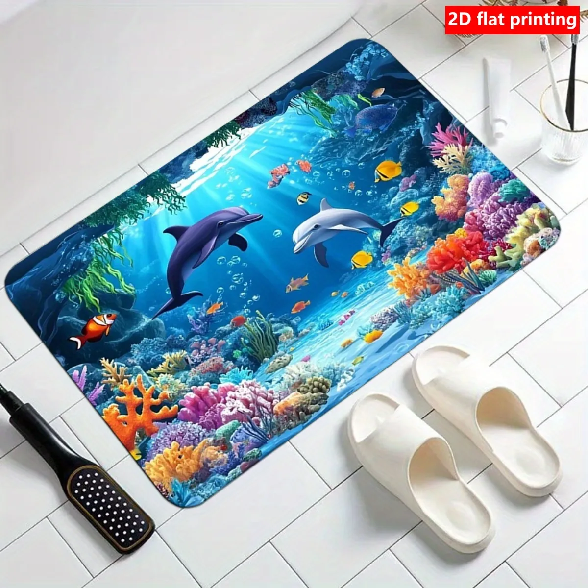 2D Flat Underwater Dolphins Coral Reef Ocean Scene Flannel Area Rug Non Slip Marine Life Carpet For Living Room Kids Room