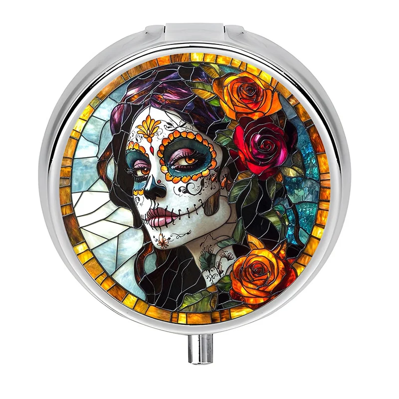 1Pc Mexican Sugar Skull Metal/Plastic Pill Box - 3-Compartment Spanish Calavera Design Medication Organizer with Day of the Dead Art, Compact Vitamin Case, Unique Gift for Purse, Pocket, or Día De Los Muertos Fans