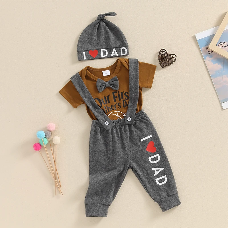 2024-03-14 Lioraitiin 0-18M Baby Jongens Vader Dag Outfit Sets Korte Mouw Ronde Hals Brief Print Romperbroek Broek Muts Sets