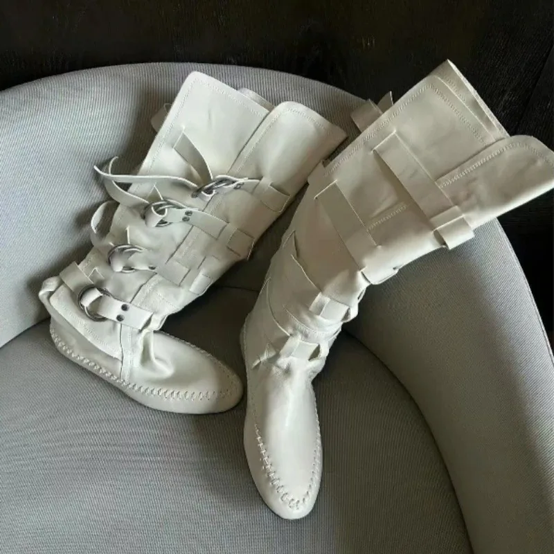 Women Flat Bottom Knee-High Boots Round To Real Leather Metal Buckle Design Long Booties Women Runway Winter Modern Boots