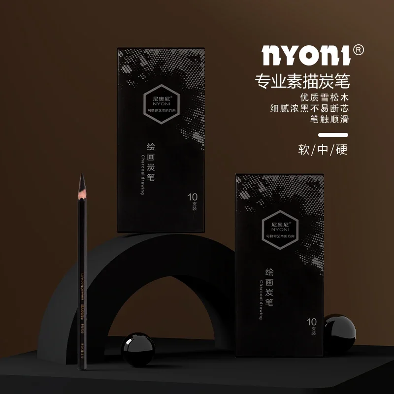 Professional Charcoal Pencils Drawing Set -10 Pieces Soft, Medium and Hard for Drawing, Sketching, Shading, Beginner Artists