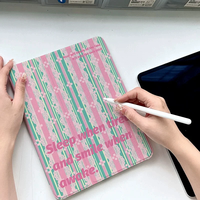 Korean Girl Lace English Tablet Case For iPad Pro 12.9in Air7 10th 11th iPad Pro 11 13in 2025 M4/5 Anti-fall 3Fold Cover