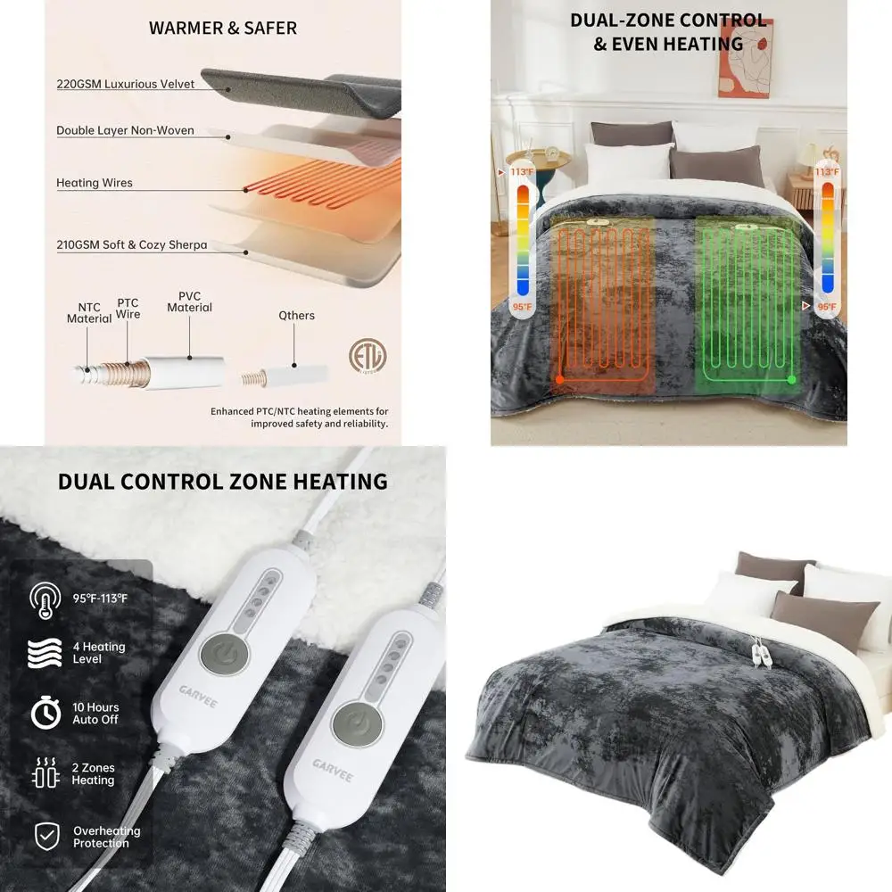 

King Size Electric Blanket, Velvet Soft, 4 Heat Settings, Dual Controls, 10H Auto-Off, Machine Washable, ETL Certified, 90 x 100