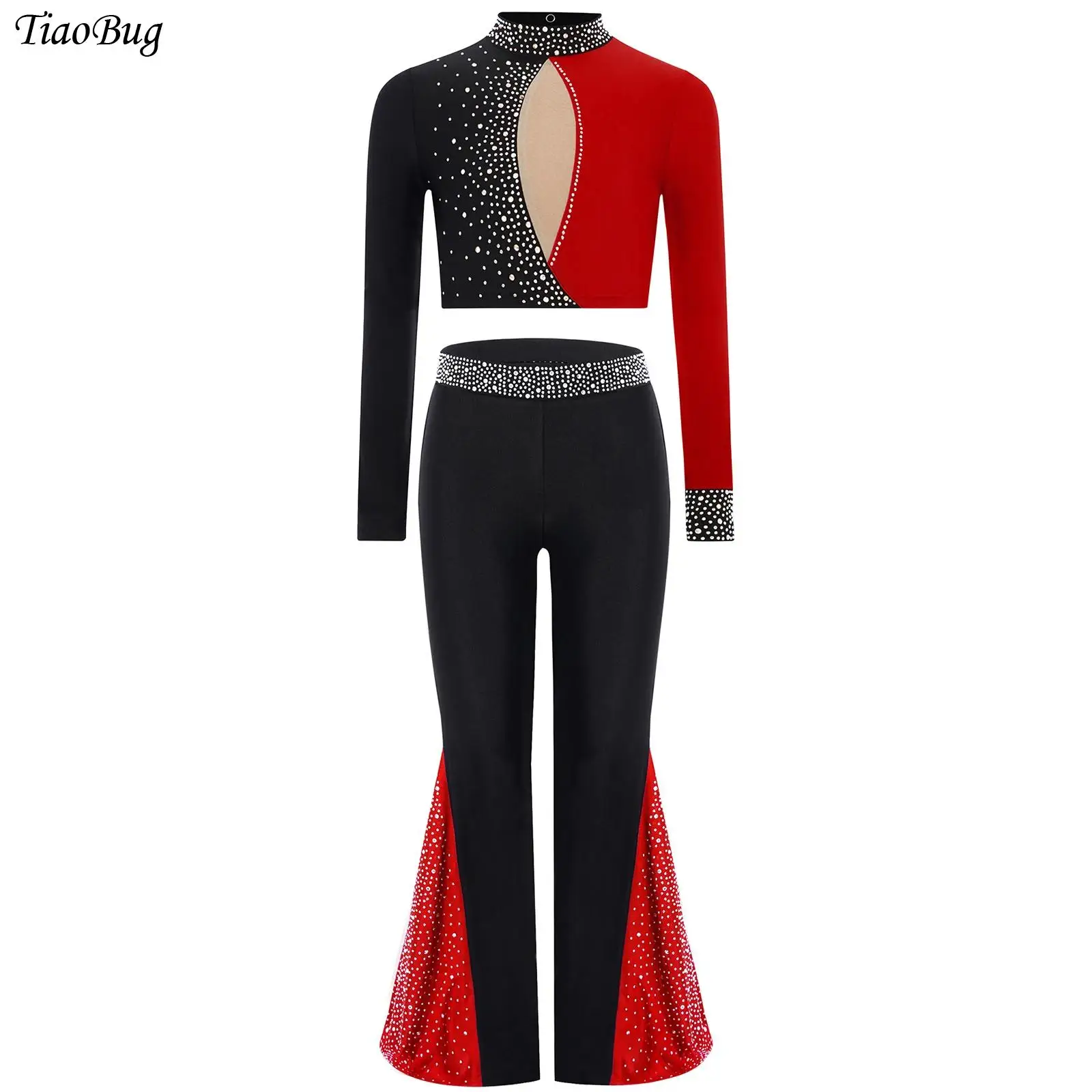

Kids Girls Figure Skating Gymnastics Dance Outfits Long Sleeve Color Block Crop Top+Bell-Bottomed Pants Lyrical Jazz Dancewear