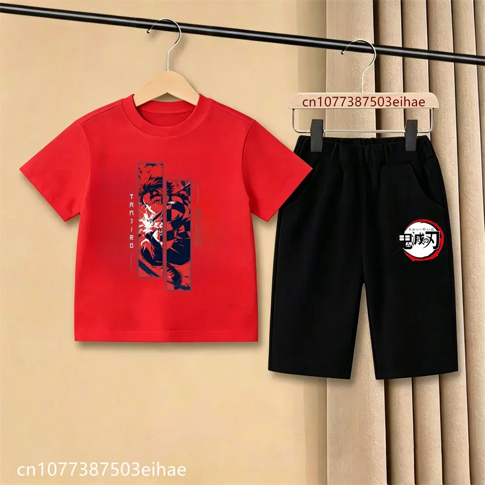 Kids Demon Slayer Anime T-Shirt And Shorts Set Ghost Blade Pattern Summer Casual Two-Piece Costume for Boys And Girls