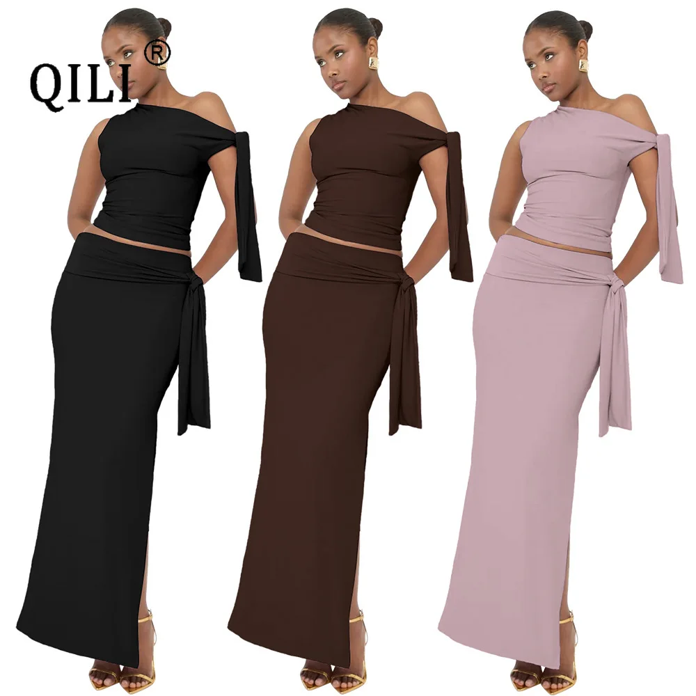 

Women's Clothing 2025 Summer New Product Fashion Street Auction Slanted Collar Sleeveless Top Slim Fit Lace Up Long Skirt Set