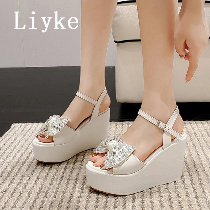 Liyke 2024 nuovi arrivi Crystal Bowknot Open Toe Platform sandali donna cinturino alla caviglia bianco zeppa tacchi alti scarpe estive femminili