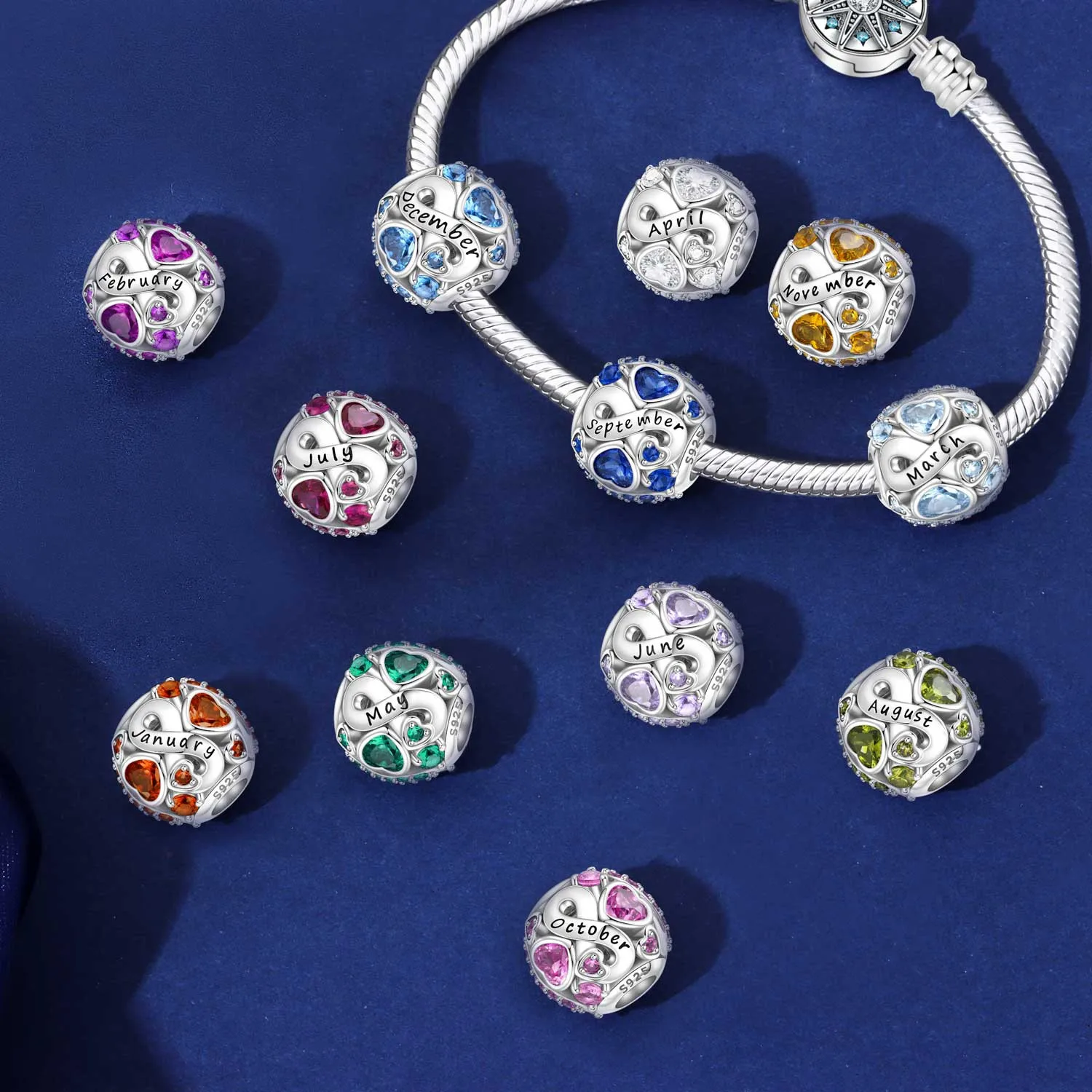 MISEFF S925 Sterling Silver Bead Sparkling Zirconia Birthstone Heart Beads January to December Fit Bracelet DIY Jewelry Making