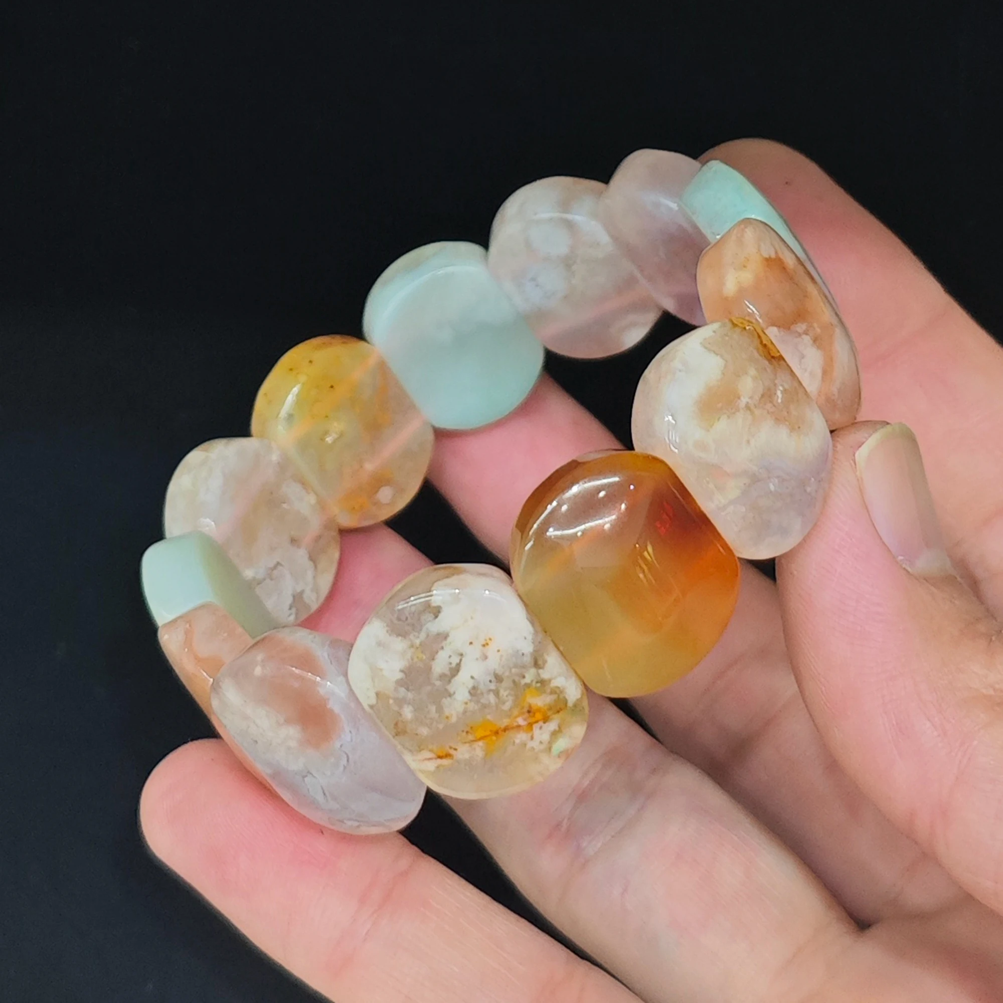 Natural Sakura Agate Bracelet 20x14mm Cherry Blossom Segment Bangle Oval Block Floral Gemstone Crystal Stretch Gift 16-22cm