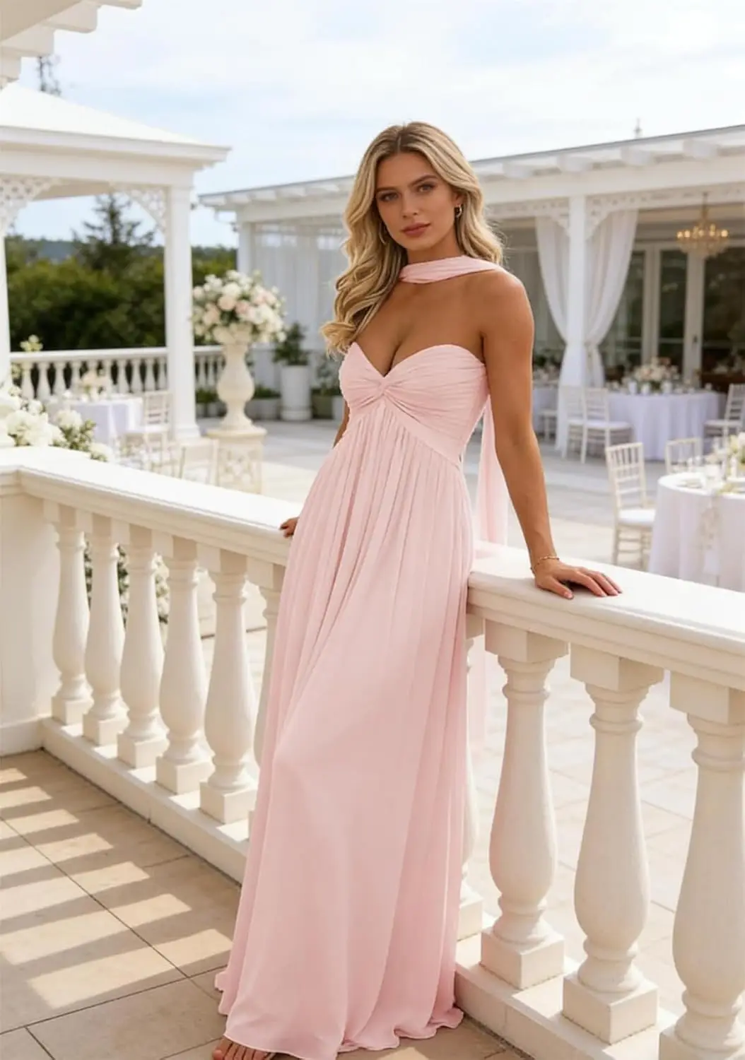 

Wedding Guest Dress Chiffon Bridesmaid Dress with Scarf for Women Elegant Sweetheart Strapless Flowy 2026 Spring Formal Dress