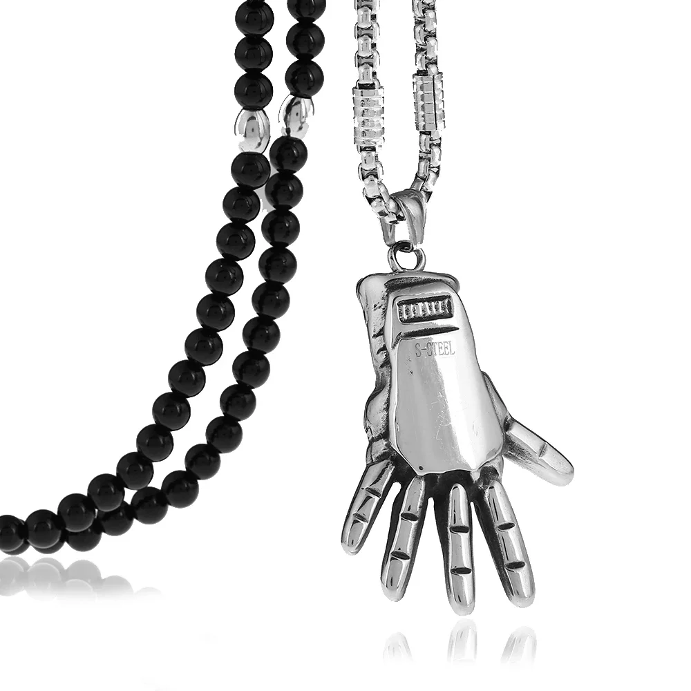 Motorcycle Hand Retro Tide Male Stainless Steel Gloves Sports Pendant Necklace with Black Natural Stone Beaded Necklace 27