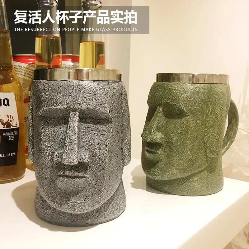 Creative resurrection island Moai multi-function water glass bottle opener stainless steel 3D stereo whisky glass beer glass.