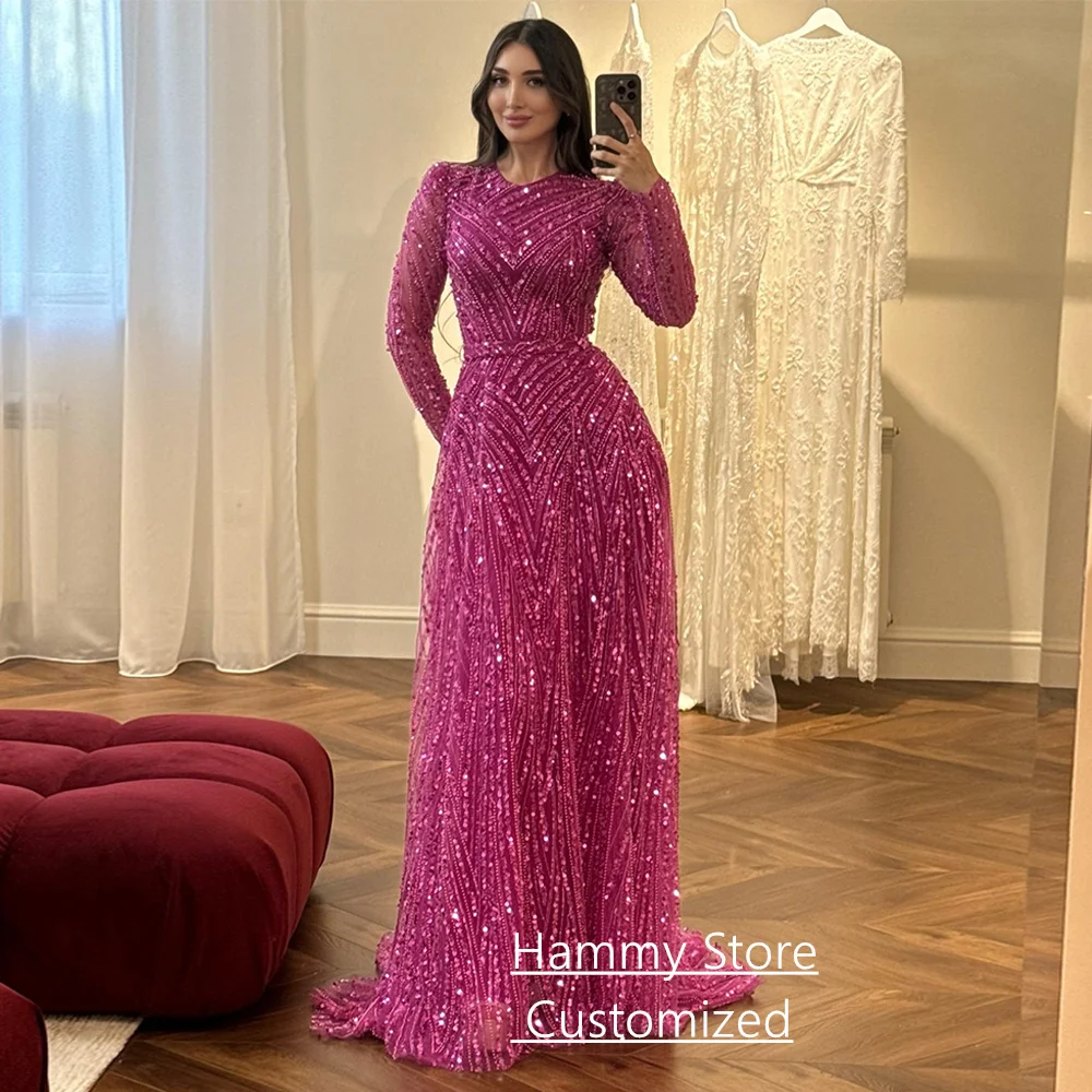 Sparkling Saudi Arabian Prom Dress Customized Round Neck Long Sleeves Beading Sequined Formal Occasion Dresses Evening Gown