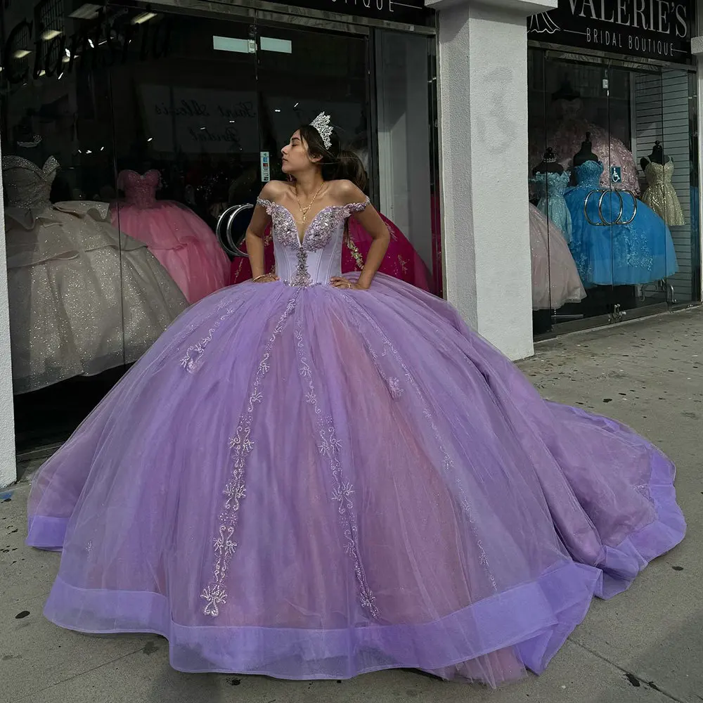 Lilac Pearls Beading Crystal Ball Gown Quinceanera Dresses Off The Shoulder Appliques Lace Sweet 16 Vestidos De 15 Anos