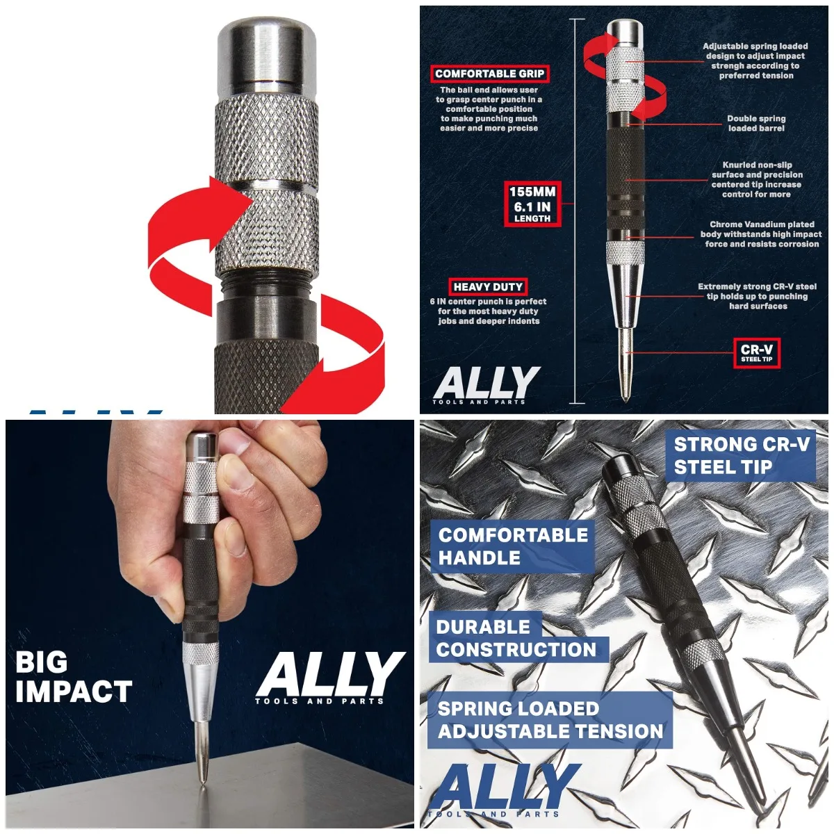 

ALLY Tools 3-Piece 6' Heavy Duty Automatic Center Punch – Spring Loaded, for Metal, Wood, Plastic, Glass, Marble