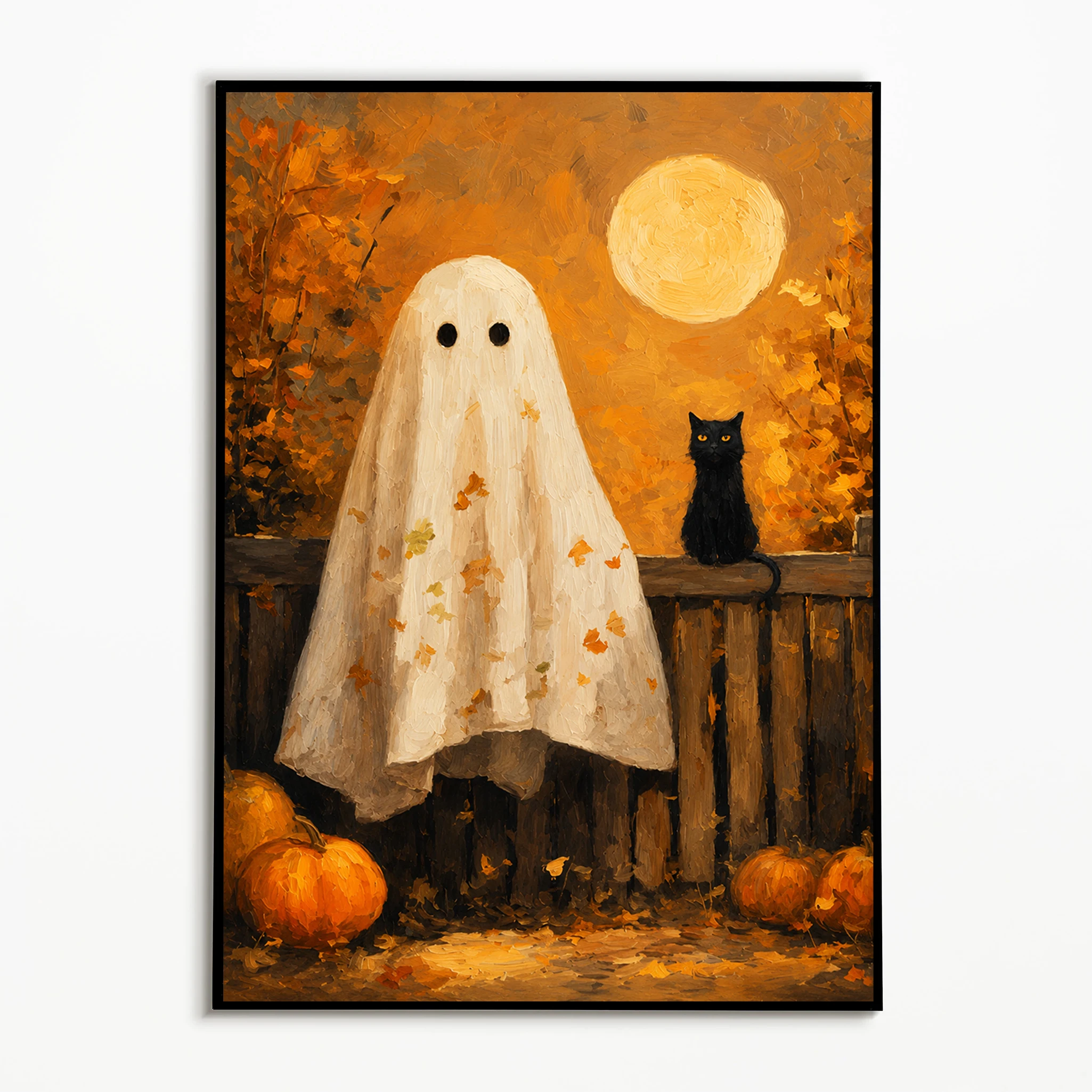 1PC  Autumn Town Forest Ghost Black Cat Pumpkin Poster  Halloween Retro Eerie Wilderness Wall Art  Frameless Canvas Printing