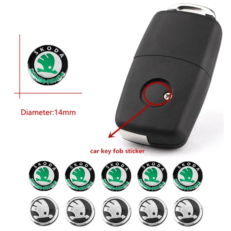 5Pcs 14mm Car Logo Remote Control Key Badge Stickers For Skoda Octavia Rapid Kodiaq Superb Karoq Fabia Kamiq Enyaq Vision Yeti
