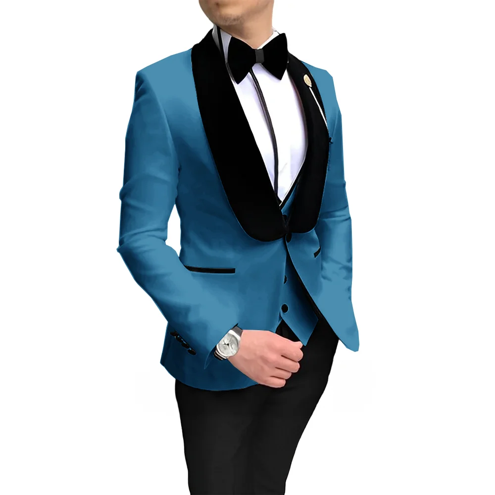 Elegant Men\'s 3-piece Suit Set Velvet Collar Design Formal Groom Tuxedo Wedding Outfit (Jacket Pants Vest)XS-5XL