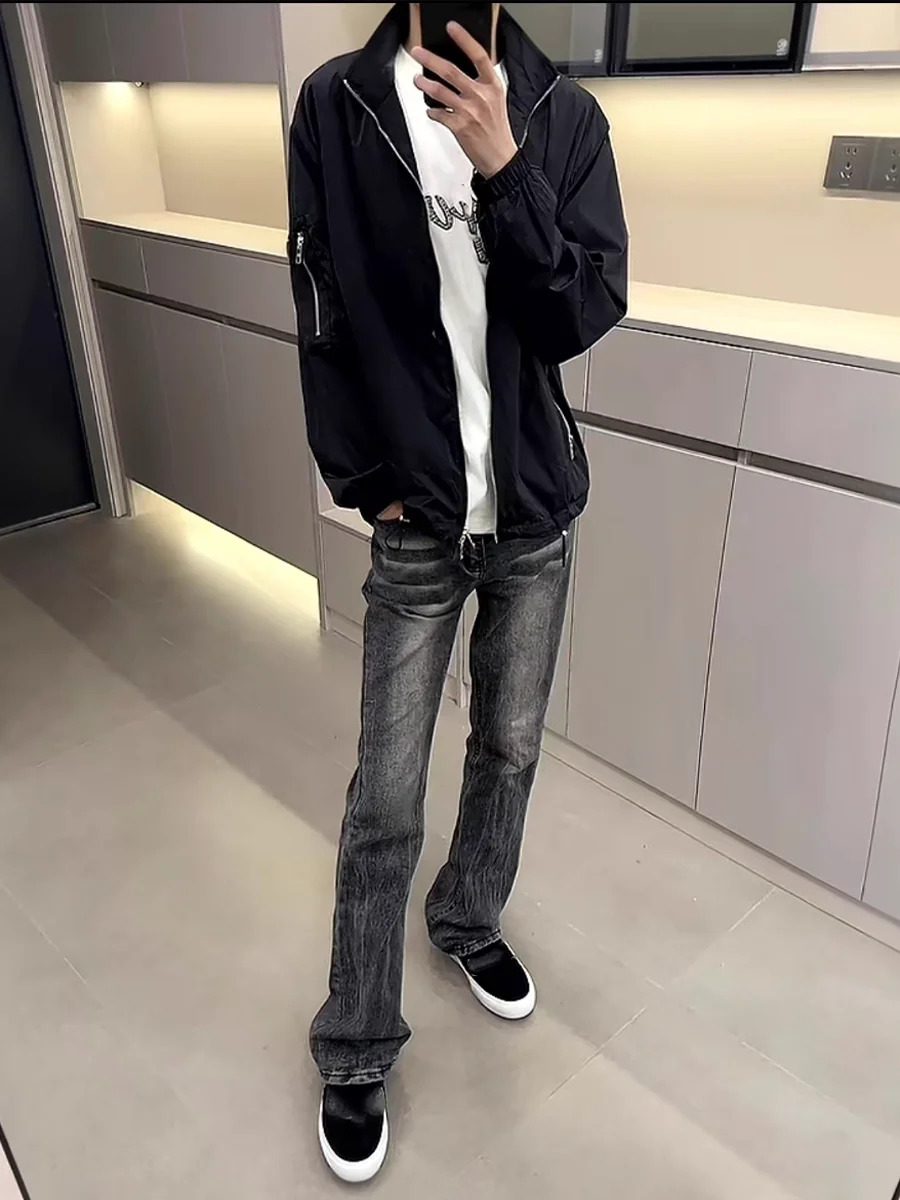 

Retro Waed Loose Straight Leg Men's Jeans Marble Pattern Vintage Sle Casual Wear All-Season Youth Faion Bla ey