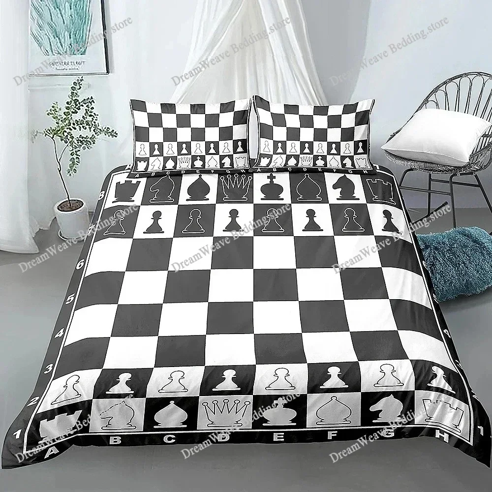 Chess Board Duvet Cover Set 3D Print International Chess Black White Comforter Cover for Boys Girls Polyester Bedding Set