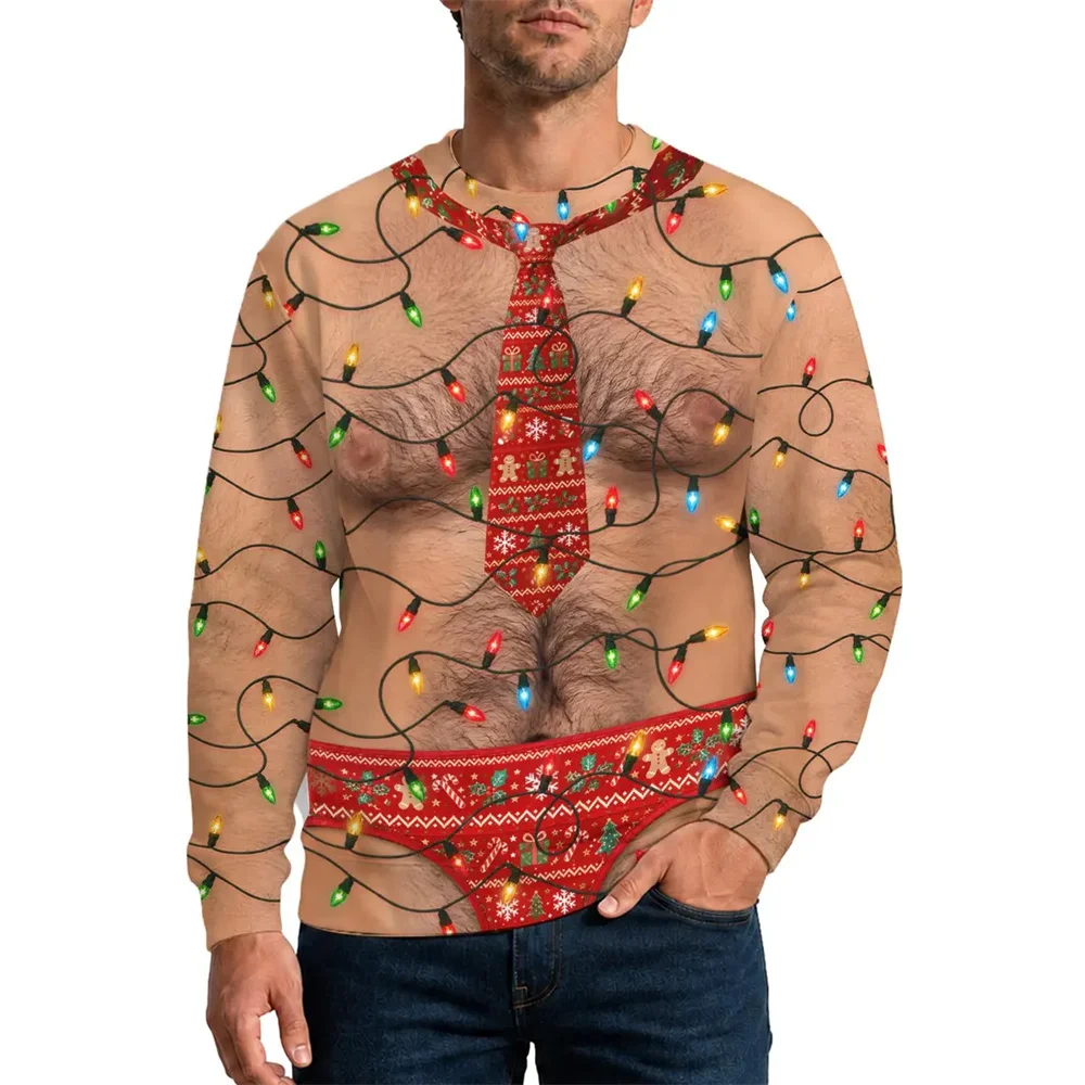 3D Print Fake Muscle Skin Humour Cosplay Ugly Sweatshirt Men Merry Christmas Personality Party Novel Pullover Sweater Fun Gift