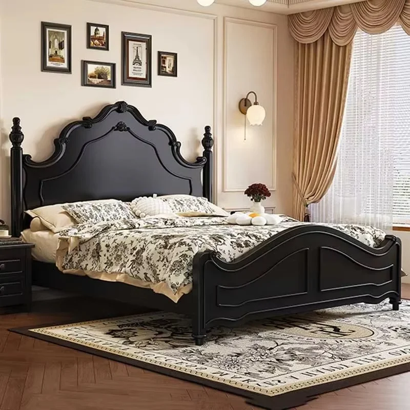 Queen French Style Double Bed Pretty American Modern Princess King Bed Comferter Black Cama Doble Luxury Bedroom Set Furniture