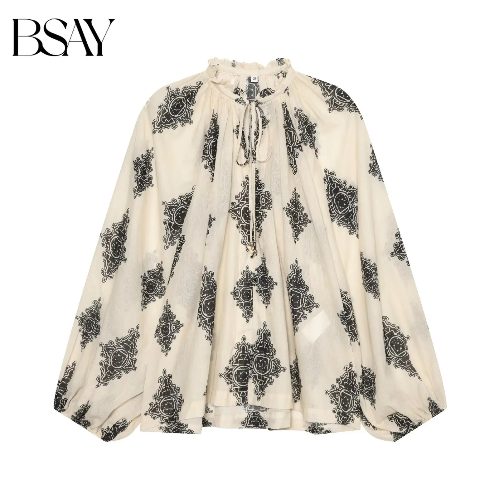 BSAY Bohemian Vacation Women Oversized Blouse Ruffled Tie Neck Lantern Long Sleeve Ethnic Print Loose Flowy Casual Blouse Tops