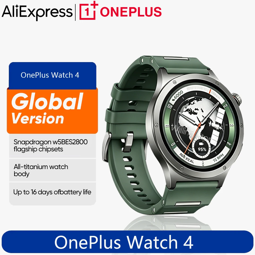 Глобальная версия умных часов OnePlus Watch 4 с AMOLED-дисплеем 1,55 дюйма, Wear OS от Google, защита IP68, до 16 дней автономной работы