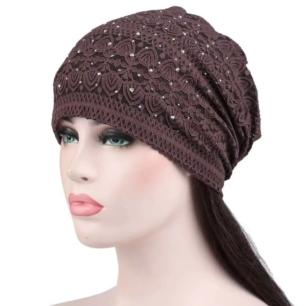 Gifts Lace Lace Beanie Hat Rhinestone Double Layer Slouchy Beanie Soft Lining Slouchy Stretch Turban Women