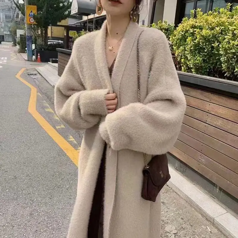 white Long Cardigan for women 2024 winter clothes Knitted fluffy long sleeve Cashmere sweater coat clotkorean style warm vintage