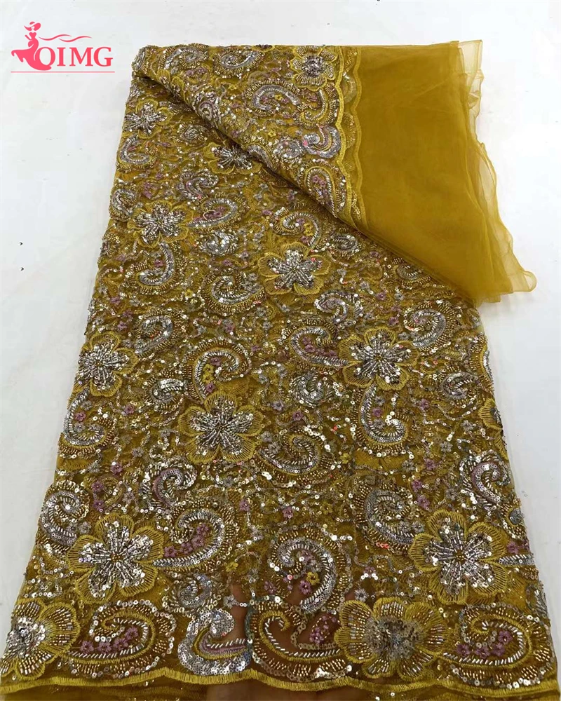 

Latest Gold African Groom Lace Fabric 2024 High Quality Sequins Embroidery French Nigerian Lace Fabric 5 Yards for Wedding Dress