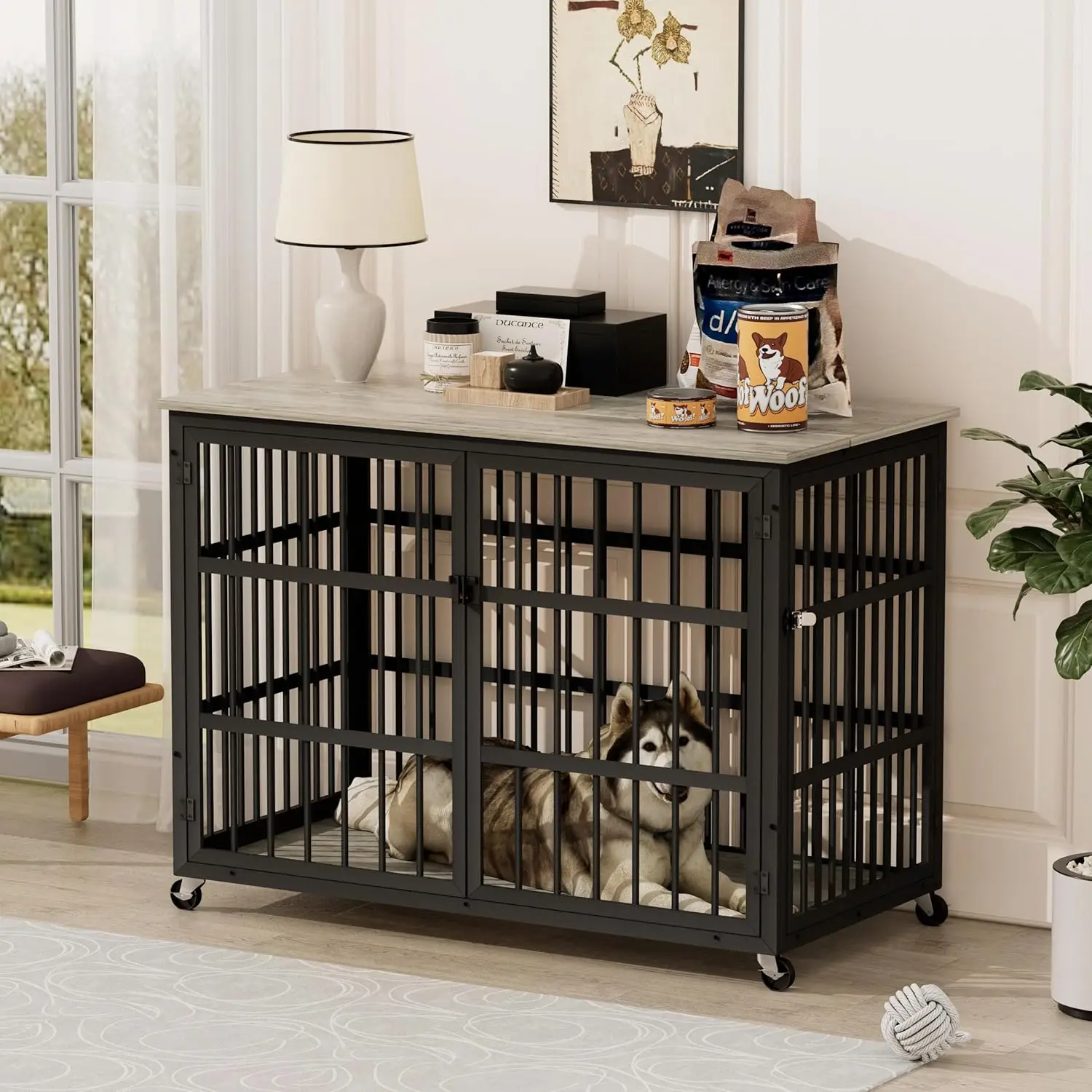 

43.3'' Dog Crate Furniture, Heavy Duty 2 DoorsDog Kennel with Flip Top, Decorative Dog Cage Side End Table, Indoor Dog House