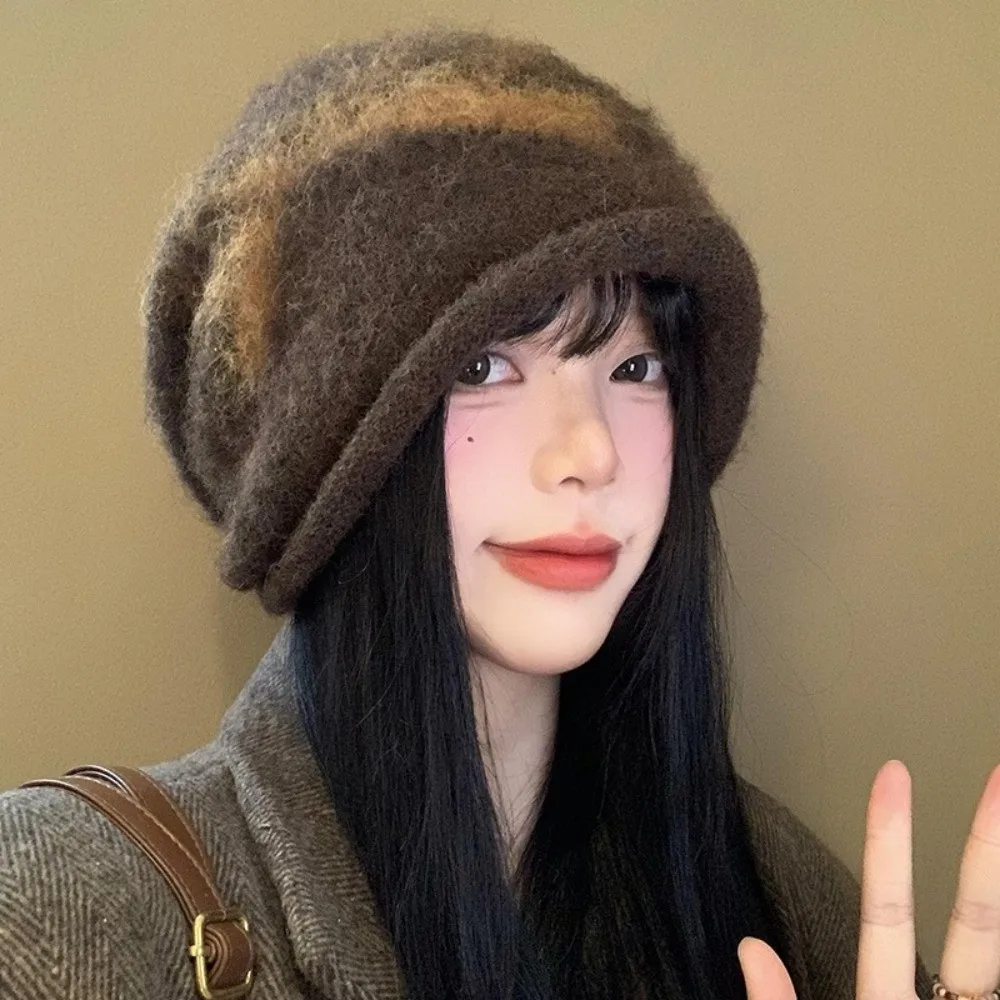 

Жаккардовая вязаная шапка с бантом и принтом, теплые шерстяные шапочки с принтом, корейский стиль, большая шапка для защиты ушей по окружности головы