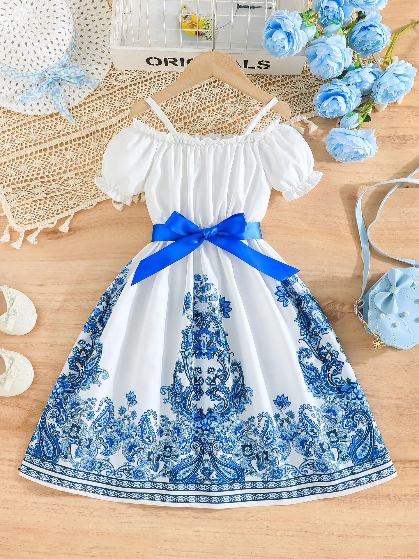 2024 Summer New Arrival Girls Short Sleeve Slash Neck Sashes Print Floral Blue Infantil Menina Cute Party Dress Custume 2-7T