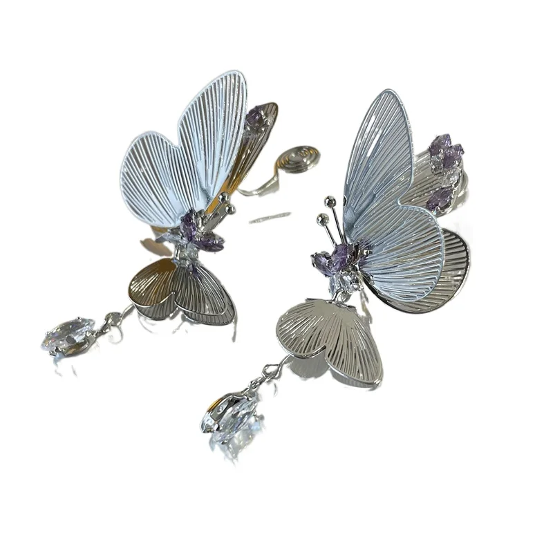 

Silver unilateral butterfly pendant earrings exaggerated French retro temperament light luxury premium