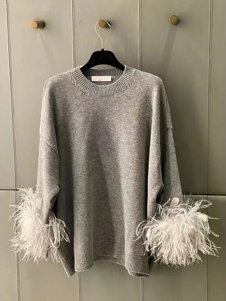 [ZOCI] Grey Little Fragrant Feather Splicing Knitted Sweater A Sense Luxury, Simplicity, Atmosphere, Fashion, Casual