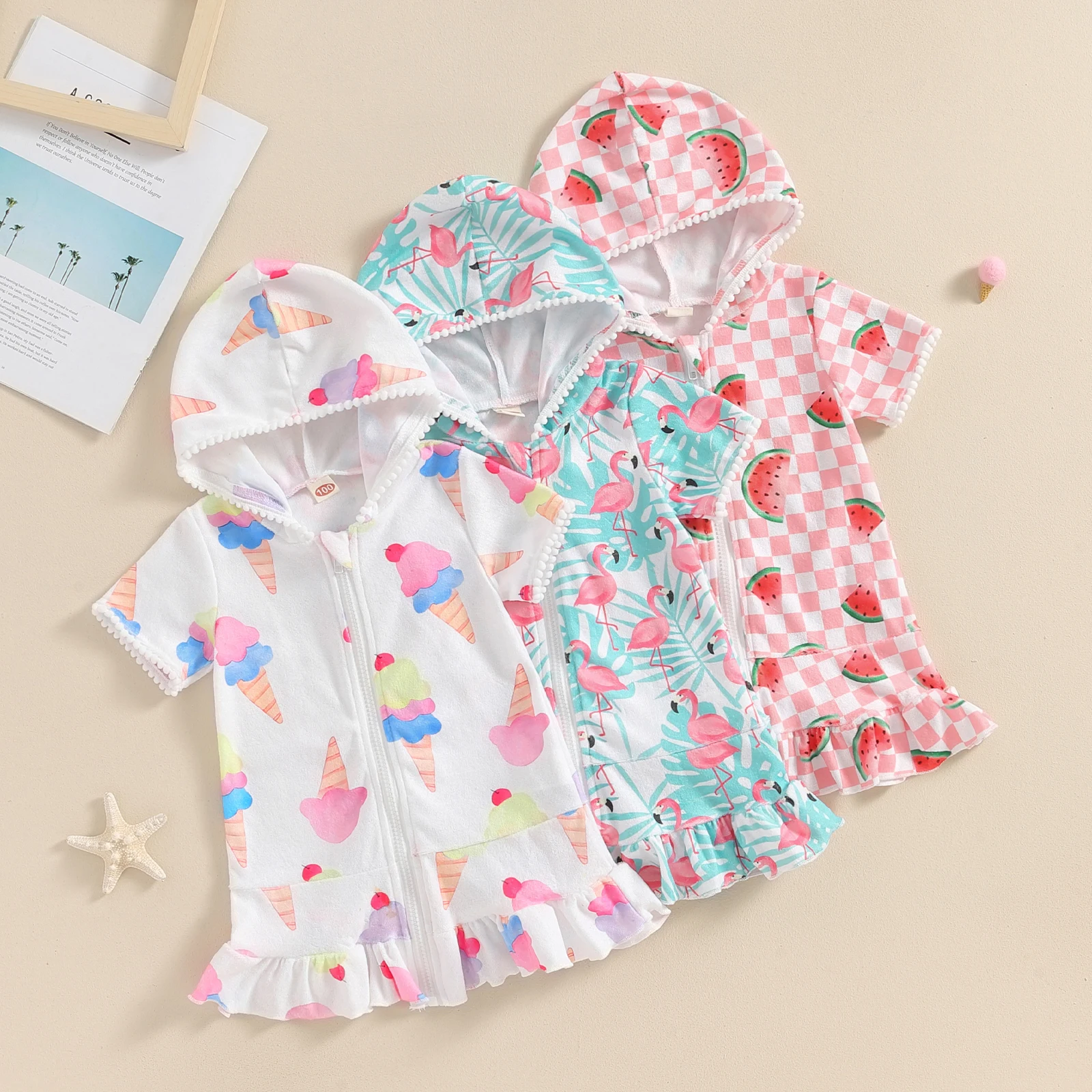 Kid Clothes Girl Beach Dress Short Sleeve Hooded Zipper Closure Watermelon Flamingo Ice Cream Print Summer Dress Swimwear