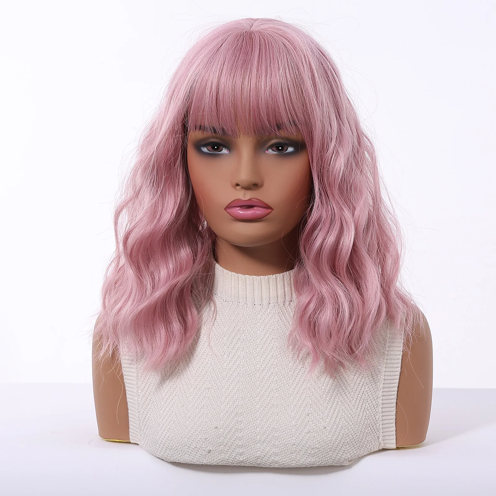 Pink Short Wavy Synthetic Wig with Full Bangs for Women Heat Resistant Natural Look Hair for Daily Party and Cosplay Use image 5