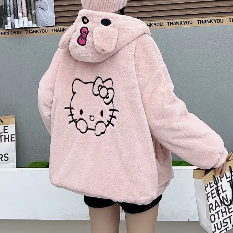 Cute Hello Kitty Faux-cashmere Hooded Coat For Women In Autumn And Winter Loose Zipper Y2k BF Style Fuzzy Jackets Clothes